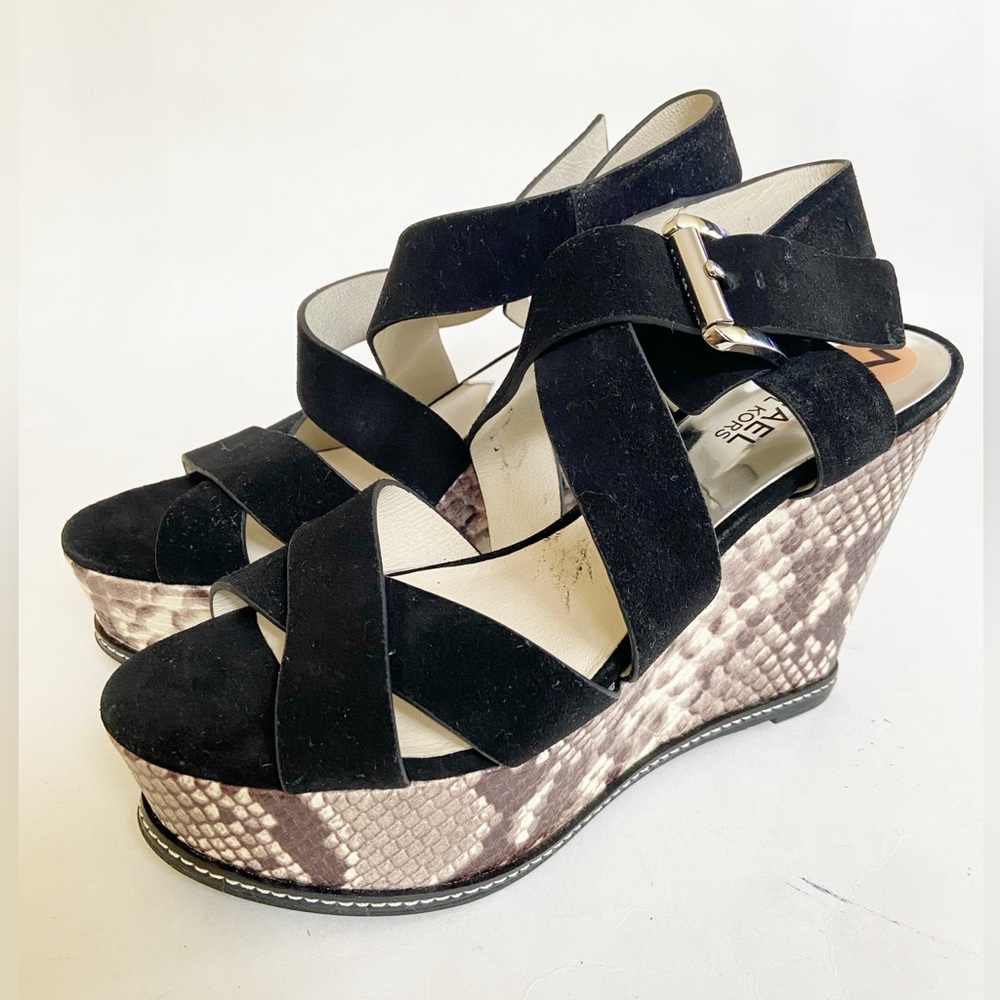 Michael Kors Black Suede Celia Wedge/Platform Sandals Snake Print Heel Size 7 - Picture 2 of 10